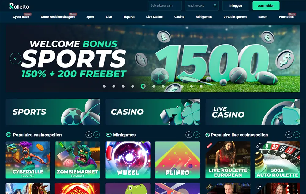 Rolletto Casino — officiële startpagina Rolletto Casino startpagina met welkomstbonus Sports 150% + 200 Freebet en overzicht van populaire casinospellen, minigames en live casino