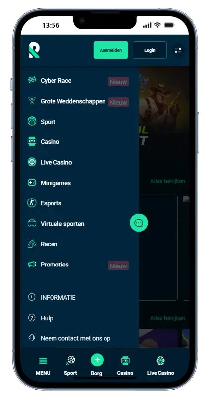 Rolletto Casino — mobiel accountmenu Rolletto Casino mobiel navigatiemenu met secties Casino, Live Casino, Sport, Esports, Minigames en Promoties