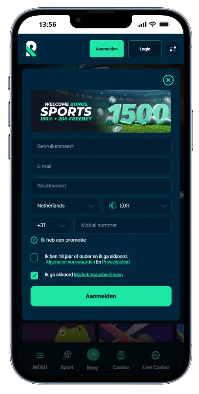 Rolletto Casino — mobiele registratie Rolletto Casino mobiel registratieformulier met velden voor gebruikersnaam, e-mail, wachtwoord en landkeuze Nederland